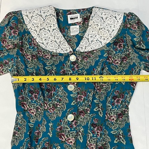 Vintage 1980s Leslie Fay Petites Blue Floral Button Up Dress Lace Collar Size 8 - Picture 13 of 22