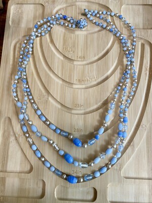 Vintage Blue 34  Long 3 Strand Czech W Germany Glass Beaded Mid Century Necklace
