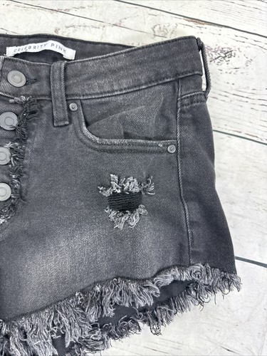 Celebrity Pink Black Wash Exposed Button Cutoff Shorts Size 5/27 Frayed Hem - Picture 2 of 9