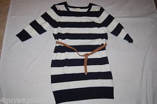 Womens Sweater Dress NAVY BLUE WHITE STRIPES 3/4 Sleeves BELT  M 8-10