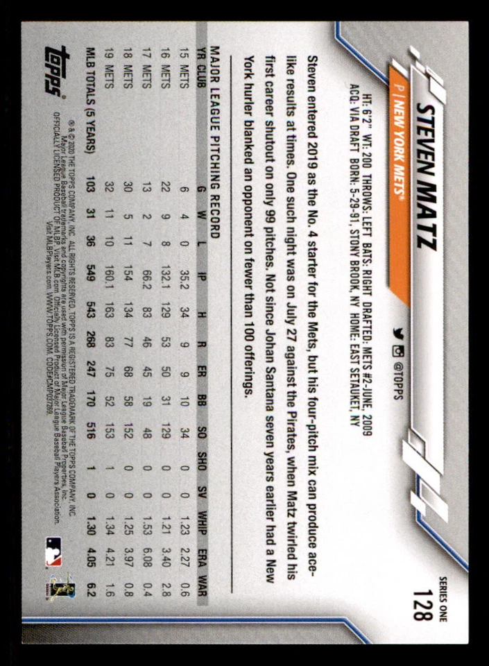 2020 Topps Meijer Purple #128 Steven Matz - Image 2 of 2