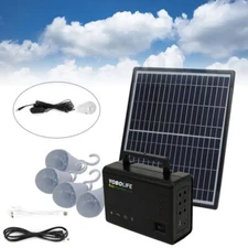 Solar Panel Power Generator Kit Battery Pack Power Station w/ 4 Bulbs Portable