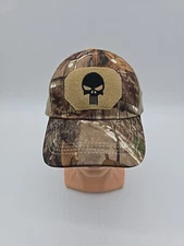 Skull Hat Adjustable Brown Strap back & Mesh Fishing Punisher Patch Wood Camo