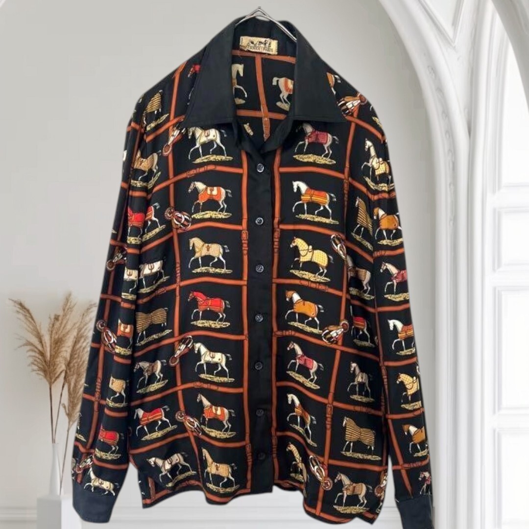 HERMES Long Sleeve Silk Shirt Blouse Horse Handle Women Size