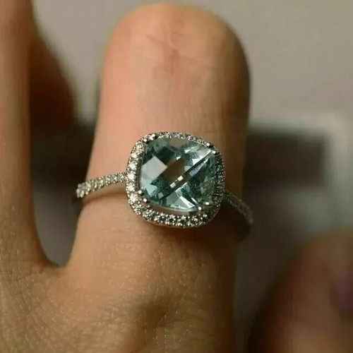 2.60Ctw Cushion Cut Lab Created Aquamarine Engagement Ring 14K White Gold Plated - 第 5/13 張圖片