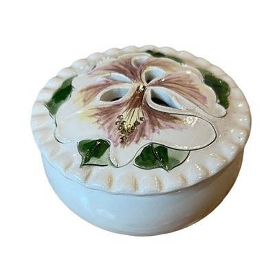 Ally Looz Trinket Box Orchid Cutouts Porcelain 3  Wide Lidded Purple White VTG