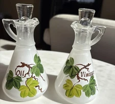 VTG Ivy  Milk Glass & Clear Hand Painted Floral Oil And Vinegar With Tops Read