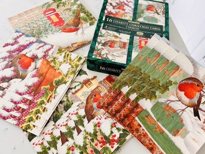 Schöne Schachtel mit 16 VINTAGE WOOLWORTHS RETRO 90 s style robin scene WEIHNACHTSKARTEN