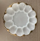 Vintage White Milk Glass Deviled Egg Serving Tray w/Gold Trim 12 Egg Platter