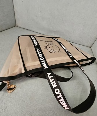 Hello Kitty LARGE Mesh Clear Tote Bag Shopping Handbag  Beige Sanrio NEw