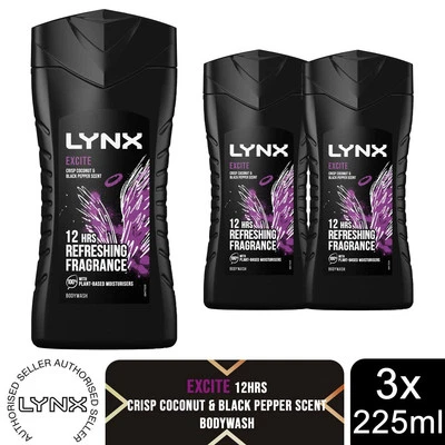 Lynx Excite 12-H Refreshing Fragrance Shower Gel Body Wash for Men, 3x225ml