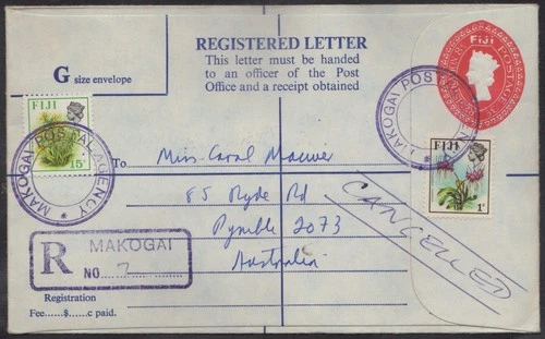 Fiji QE2 3c/8c embossed registered letter uprated 15c+1c, used “MAKOGAI"