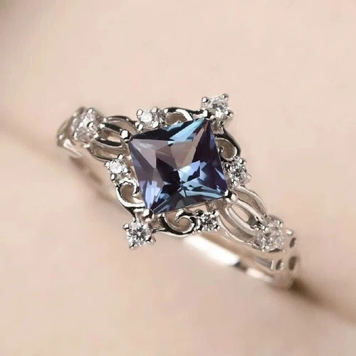 14k White Gold Plated 4 Ct Princess Cut Lab-Created Alexandrite Engagement Ring
