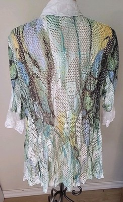 Anis A Kimono Cardigan  Women's Lg White Green Lace Artsy  Hippie Boho Fairycore