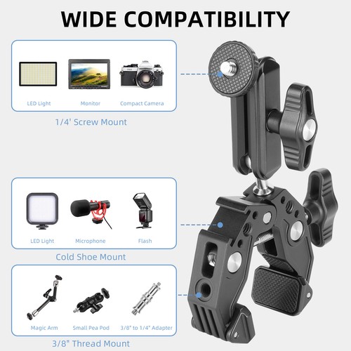 Super Clamp with 3" Dual Ballhead Arm Cold Shoe for Desk Tripod Tube Crossbar - Picture 5 of 11