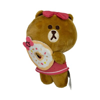 Line Friends Mini 6  Plush CHOCO Beige Bear Doll Pink Bow Holding Felt Donut