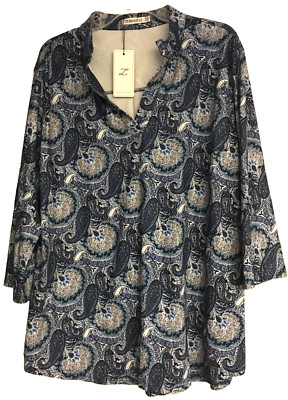 Zenbriele 2X NWT Soft Stretch Knit Paisley Print Tunic Blouse Blue Stretch