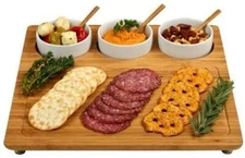 (D) Bamboo Cheese Board, Three Bowl Snack Set, Wooden Serving Tray