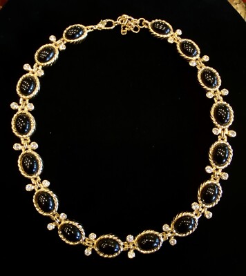 Vintage Christian Dior Black Cabochon and Crystal Gold Plated Signed  Necklace