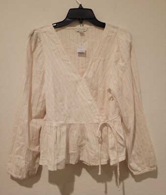 NWT American Eagle AEO Wrap Peplum Long Sleeve White Beige Stripe Blouse LARGE 