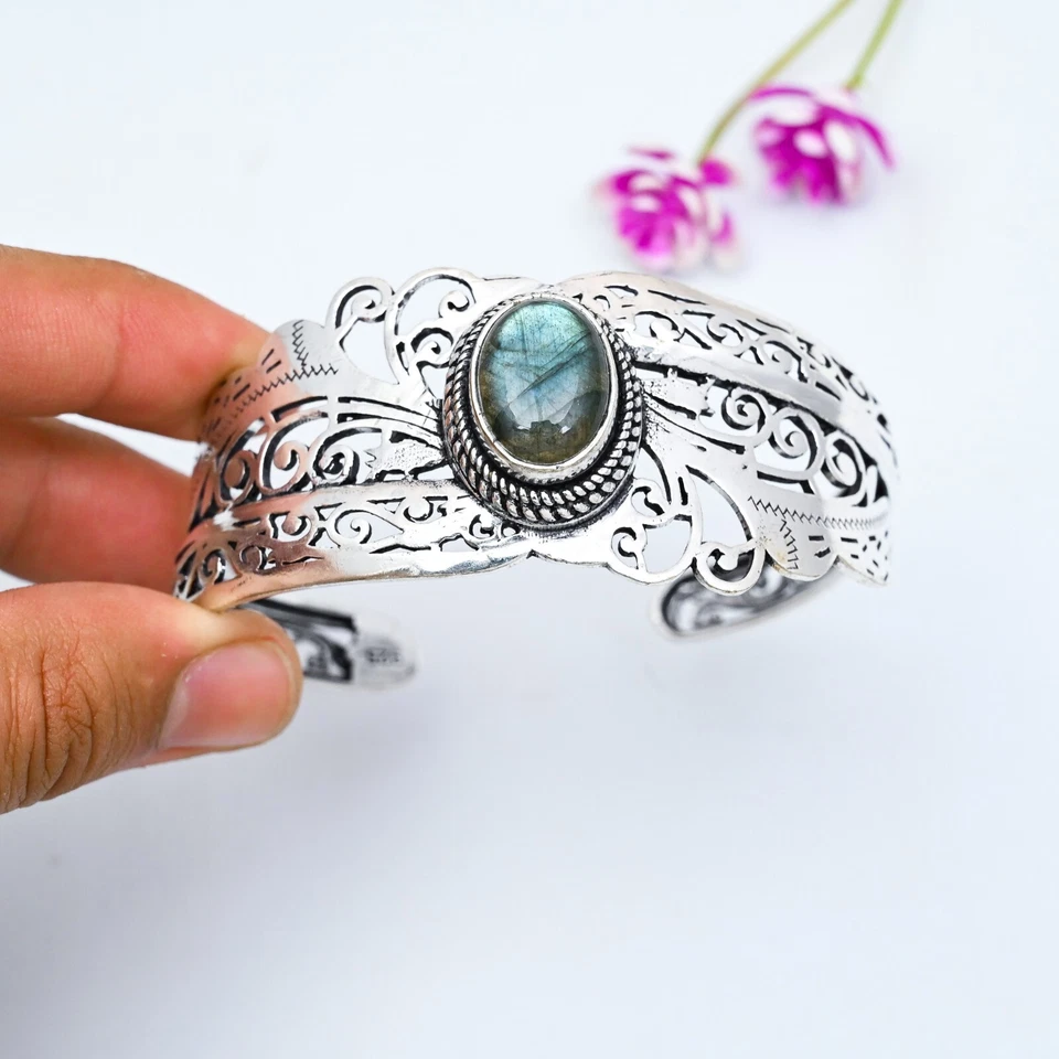 925 Sterling Silver Natural Labradorite Gemstone Handmade Jewelry Cuff Bracelet - Image 2 of 4