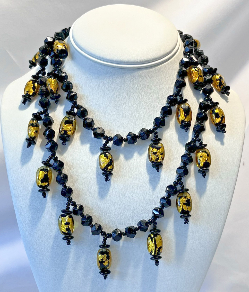 Vintage Czech Glass Gold Foil Oval Beaded Necklace 36" Vibrant & Stunning
