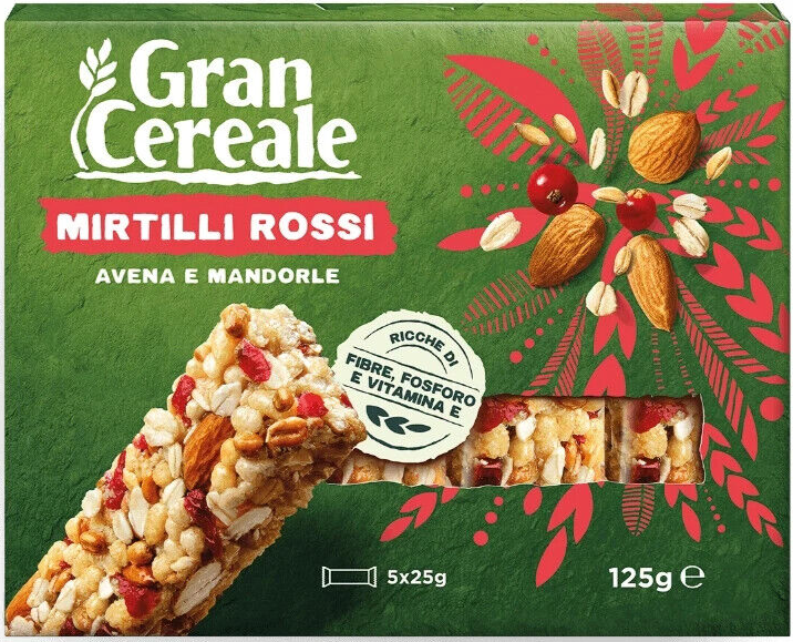 BARRETTE ENERGETICHE GRAN CEREALE BARRETTA MIRTILLI ROSSI E MANDORLE SNACK 5x25g