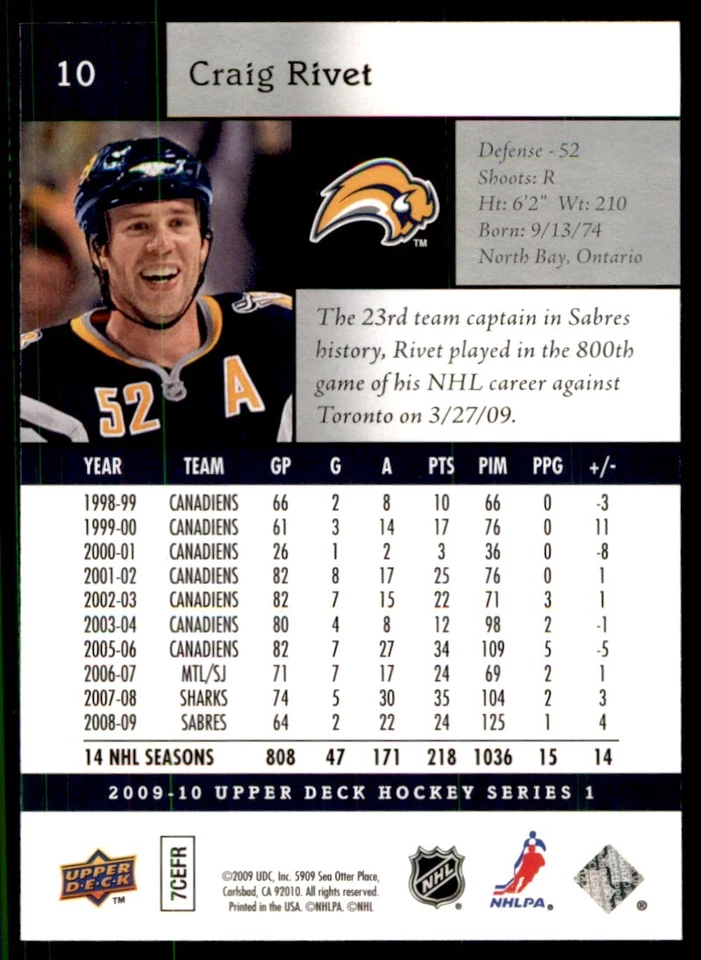 2009-10 Upper Deck Craig Rivet Buffalo Sabres #10 - Image 2 of 2