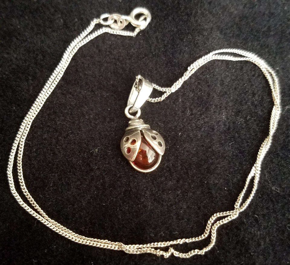Vintage Amber Ladybug Pendant & Italy Sterling Silver 17.5" Curb Chain