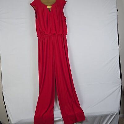 Emma & Michele Red  Jeweled Neck Blouson Jumpsuit Sz L Date Night, Party