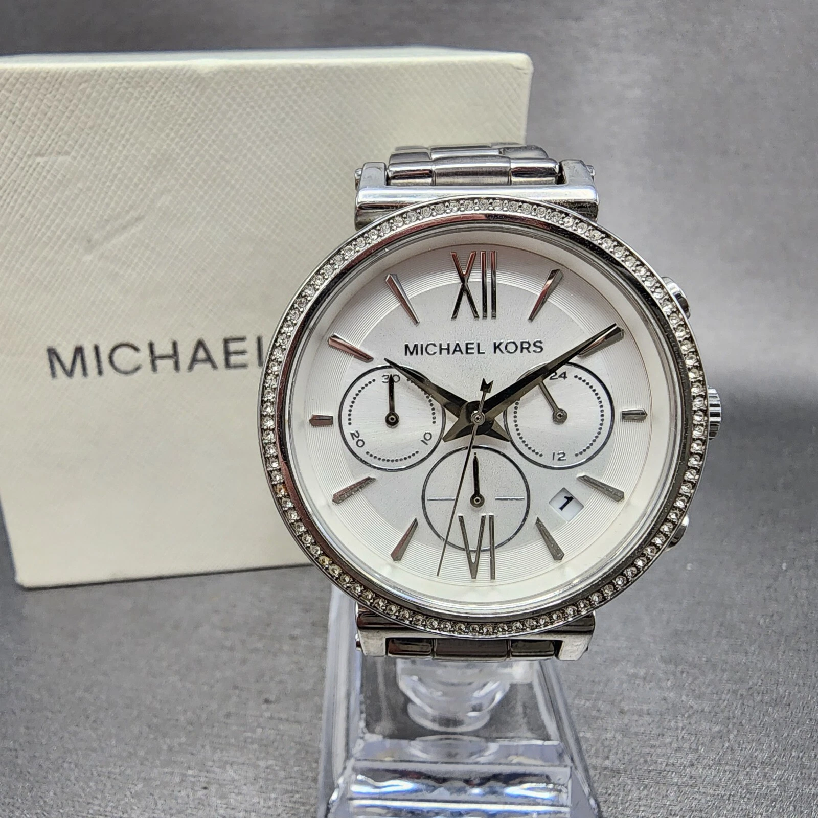 Orologio Michael Kors Sofie Donna 38mm Quadrante Bianco Acciaio Data Cronografo Nuovo Batt