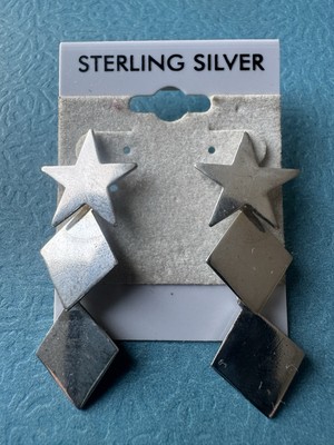 Vintage.925 Sterling Silver Star Dangle Pierced Earrings