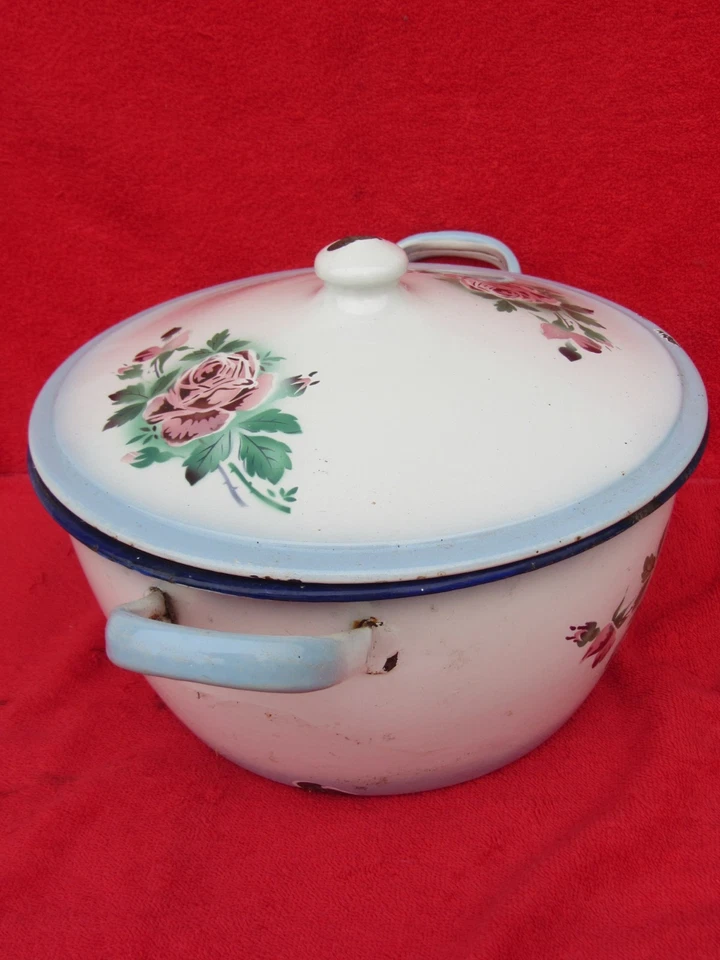 Ancien faitout tôle émaillée décor roses - Photo 3/4