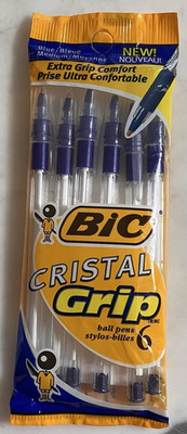 Rare Out of Print BIC Cristal Grip Blue Medium Ballpoint Pen 6 pieces NOS 1999