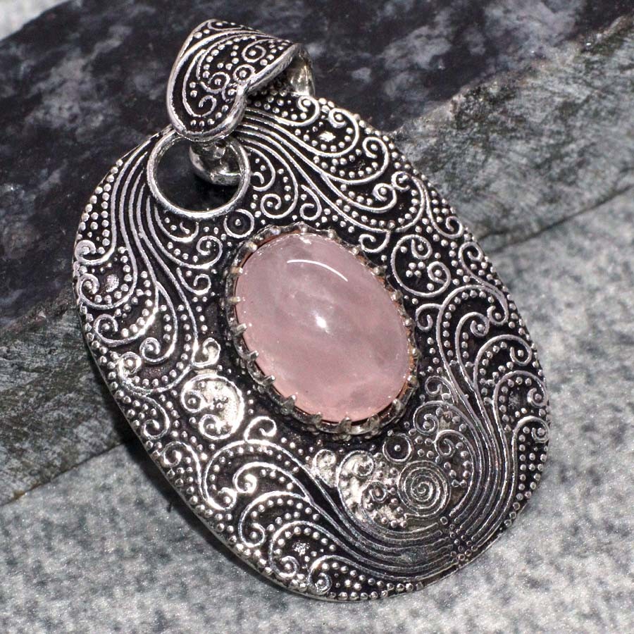 Vintage 925 Silver Plated Rose Quartz Pendant 1.6 Inch