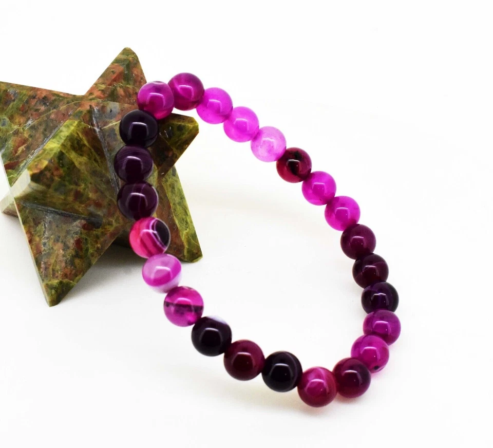 Brazalete de curación elástico de ágata rosa caliente natural redondo de 8 mm 8 pulgadas Foto 3 de 4