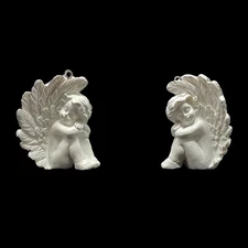 Pair of Sweet Cherub Angel Christmas Ornaments Tree Decoration White 2.25 x 1.5"