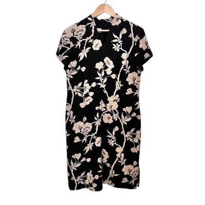 Silk Sheath Dress 14 Black White Floral Knee Length Lined Classic Elegant