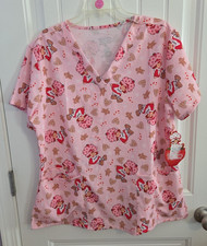 NWT Strawberry Shortcake Scrub Club Pink Holiday Christmas Scrub Top Pink
