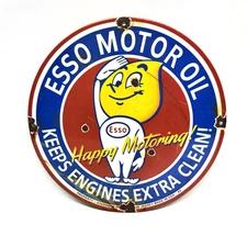 Esso Motor Oil Gasoline - Vintage Porcelain Sign - Service Station Petroliana