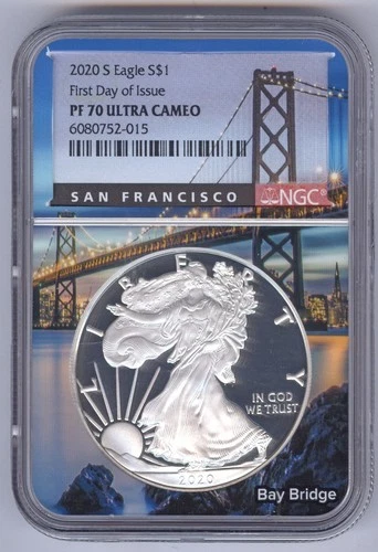 2020 S Proof Silver American Eagle + PF 70 Ultra Cameo + NGC + Bay Bridge Slab