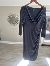 Beautiful Ralph Lauren Dark Gray Ruched V-Neck Dress 3/4 Sleeve Size 10