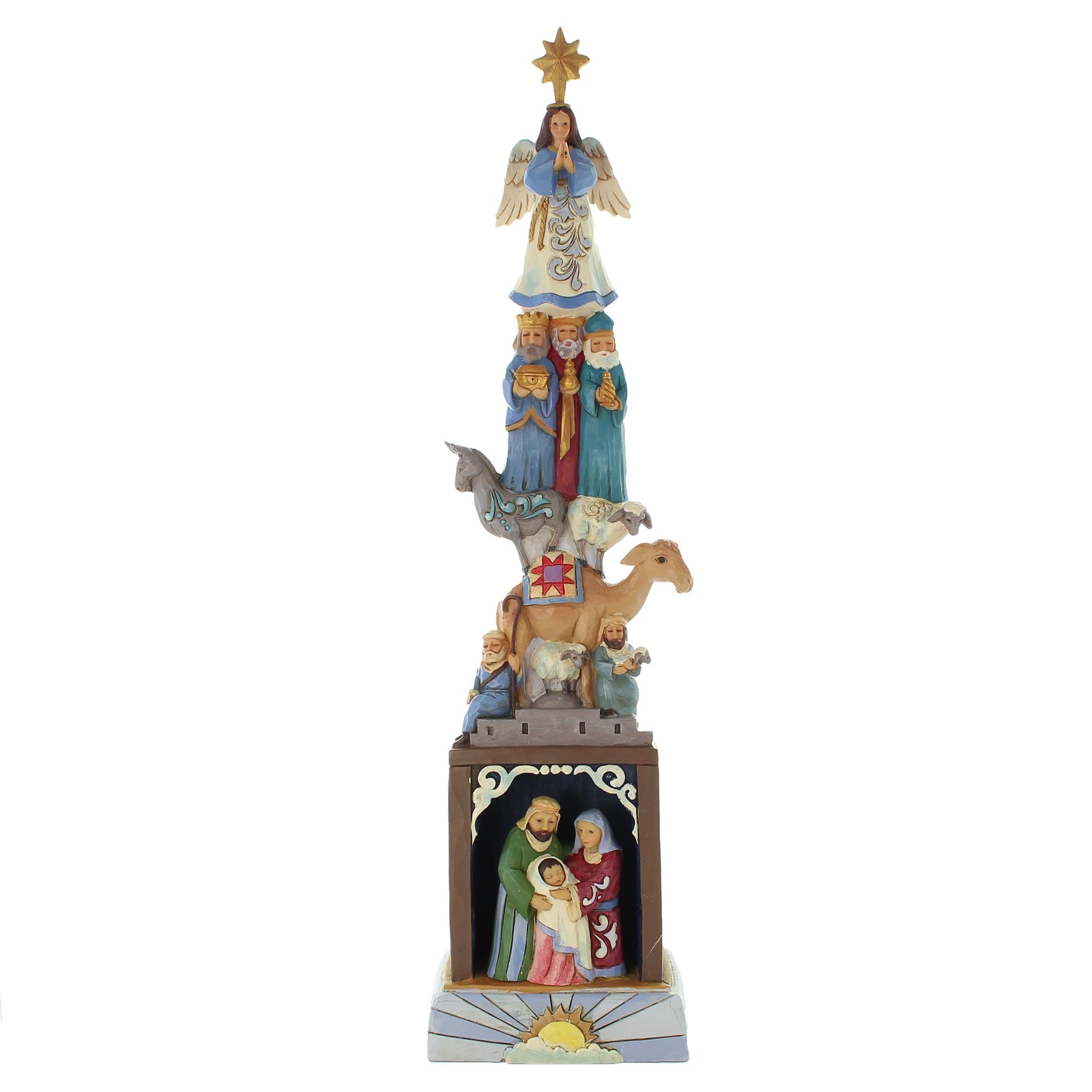Crèche de Noël totem 36cm en résine avec éclairage LED blanc chaud