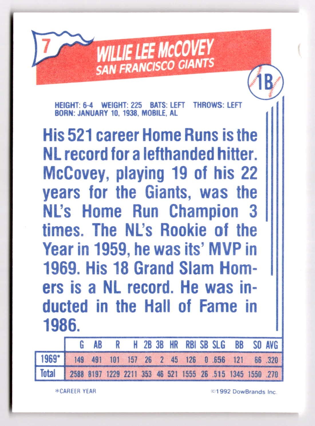 1992 Dowbrands Ziploc - Willie Lee McCovey #7 San Francisco Giants 