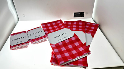 Geometry Kitchen Tea Towel Red Pink Single-Sided Print w/Dishcloth Set of 5
