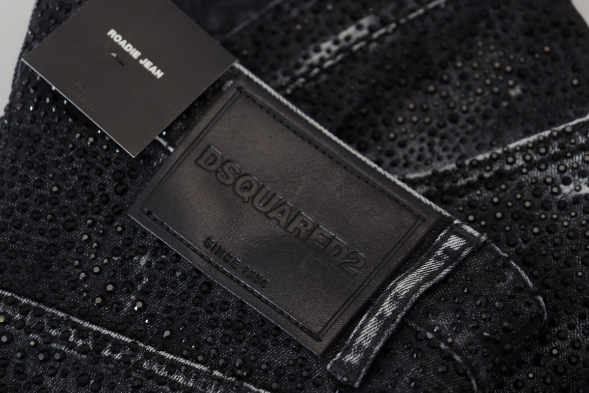 DSQUARED2 Jeans Black Crystal Embellished Tattered Denim DSQUARED2 Jeans Black Crystal Embellished Tattered Denim