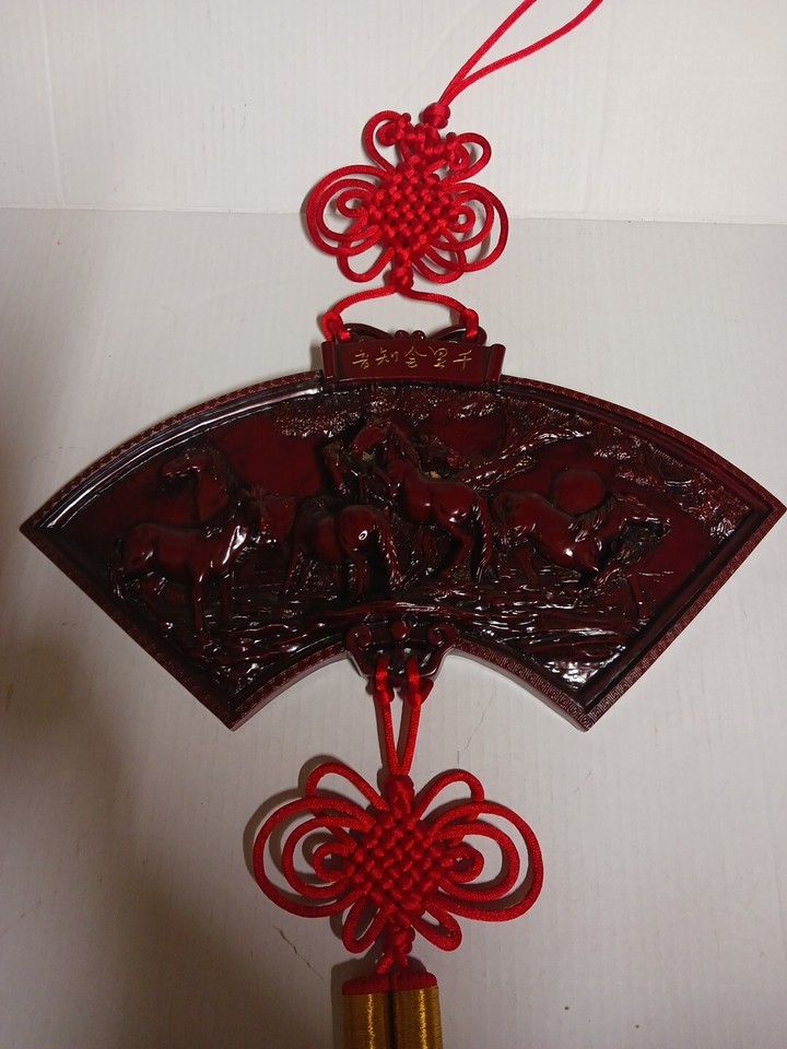 Chinese Hand Woven Knot Plaque Fan Shaped Hanging Resin Wall Decor