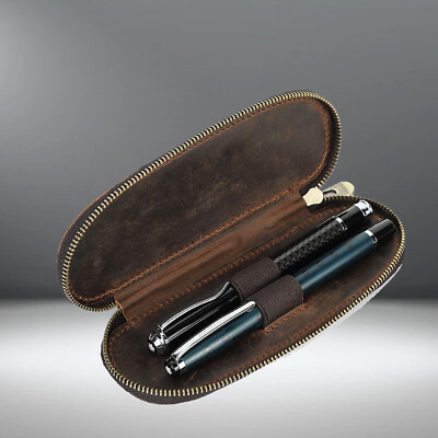 NEW Luxury Leather 2 Slots Fountain Pen Case Zipper Pencil Storage Box Pouch N1x