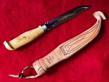 J MARTTIINI FINLAND #138 LYNX HUNTING KNIFE 5" BLADE W/LEATHER SHEATH-BIRCH WOOD