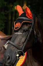 Halloween Pumpkin Horse Fly Bonnet Ear Net Veil Mask Hood Hand Made Cotton